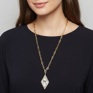 NEW Diamond Shape "Cracked Ice" Gold Tone Pendant Necklace